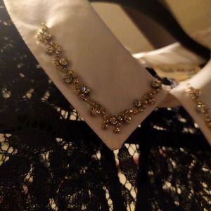 Faith and Joy blouse, rhinestone embellished collar, lace, navy, size small